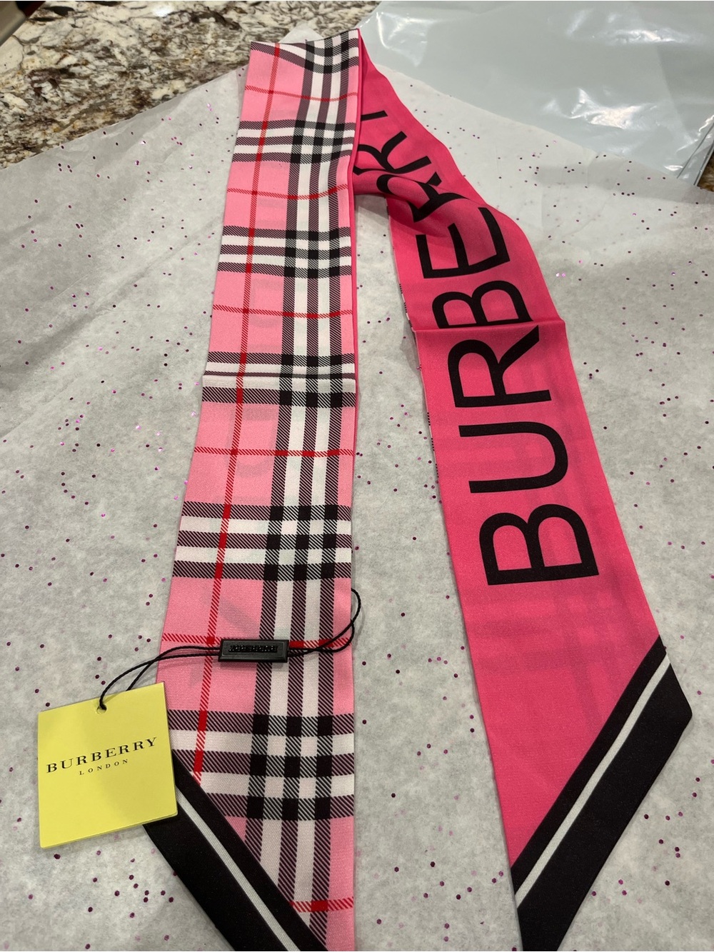 Burberry Pink Plaid & Logo Silk Twilly Scarf